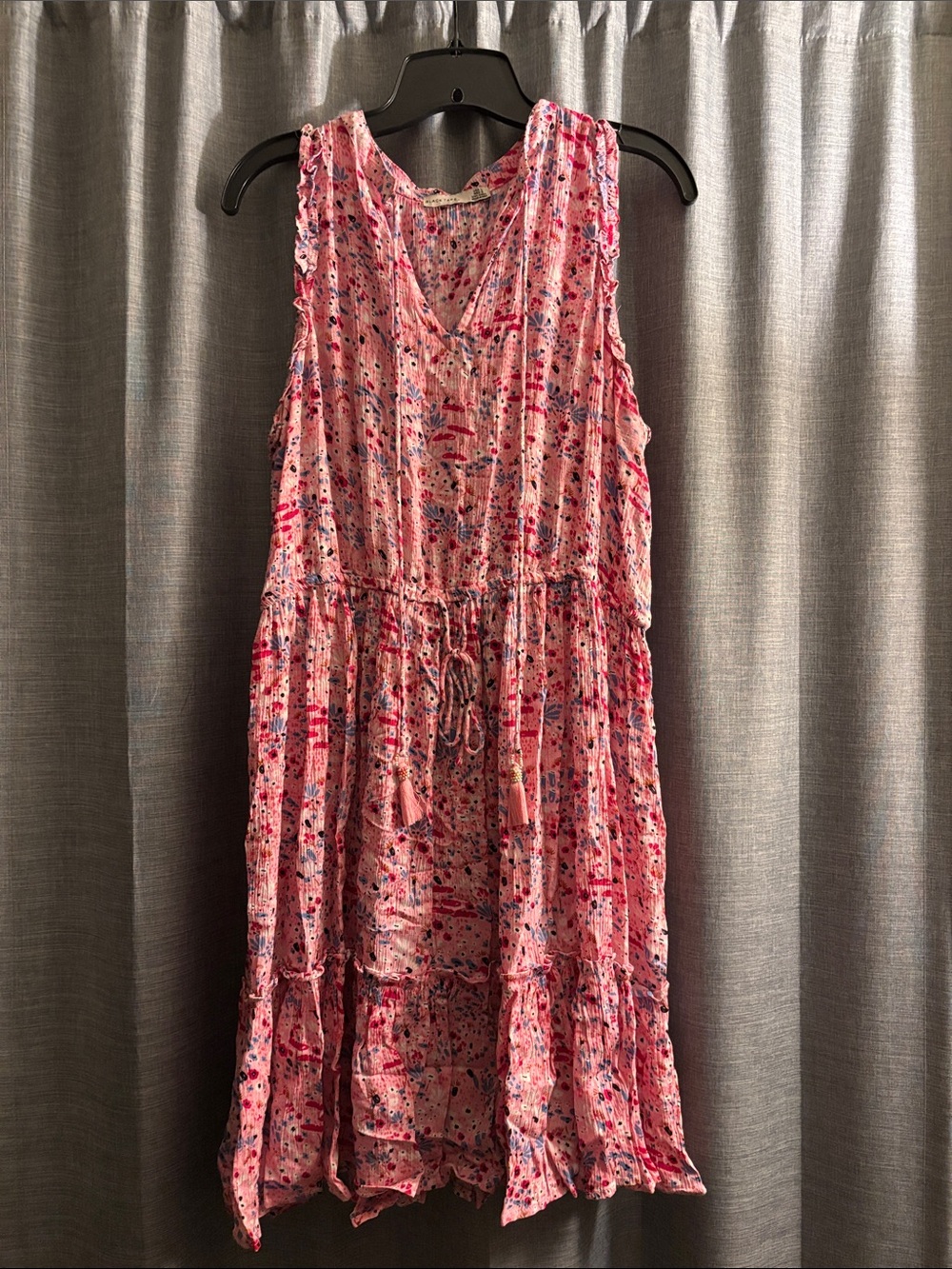 Pink Floral Tiered Midi Dress with Drawstring Waist